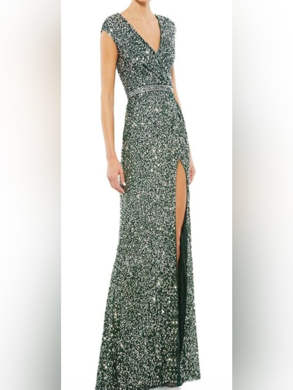 Mac Duggal Emerald Sequin Evening Gown with Belted Waist